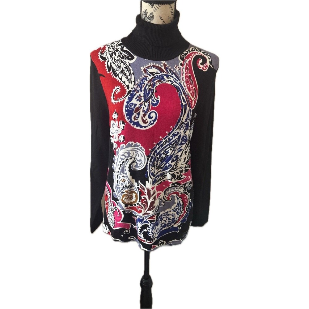 Turtleneck Sweater 90s Vintage Womens L Black Red Paisley Swirl Granniecore